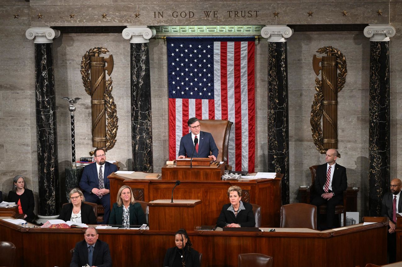 House Speaker Mike Johnson speaks after Johnson won the vote for Speaker of the House during the first day of the 119th Congress in the House Chamber at the US Capitol in Washington, DC, on January 3.