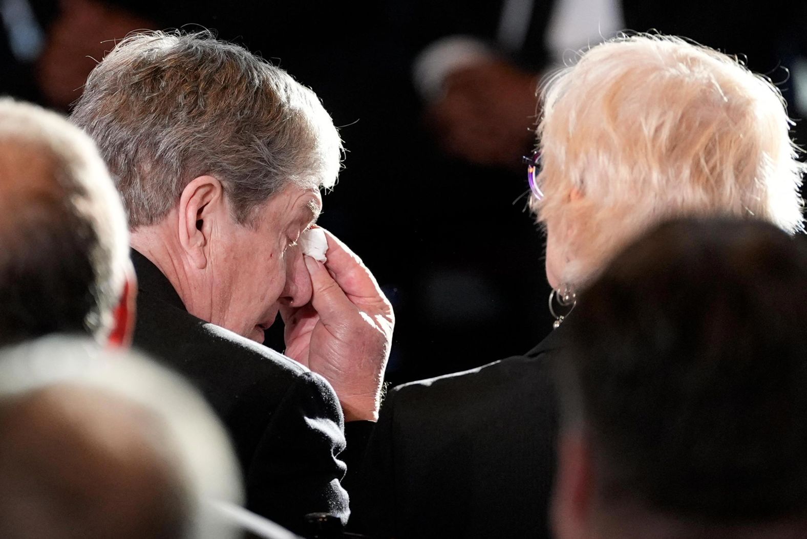 Carter’s son James Earl “Chip” Carter wipes his eyes after speaking during a service for former President Jimmy Carter at the Jimmy Carter Presidential Library and Museum in Atlanta, on January 4, 2025.