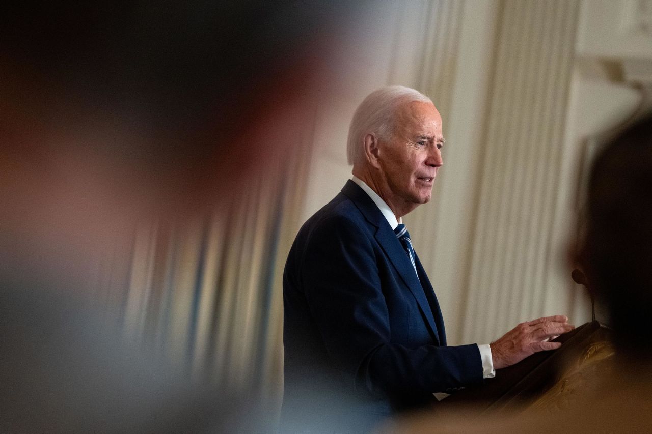 President Joe Biden speaks during a reception for new democratic members of the United States Congress in the State Dining Room of the White House on January 5, in Washington, DC. 