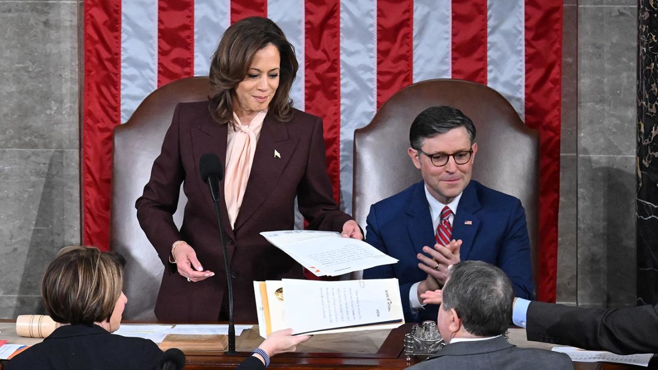 Vice President Kamala Harris and Speaker of the House Mike Johnson preside over a joint session of Congress to certify the results of the 2024 Presidential election, inside the House Chamber at the US Capitol on January 6, 2025, in Washington, DC. 