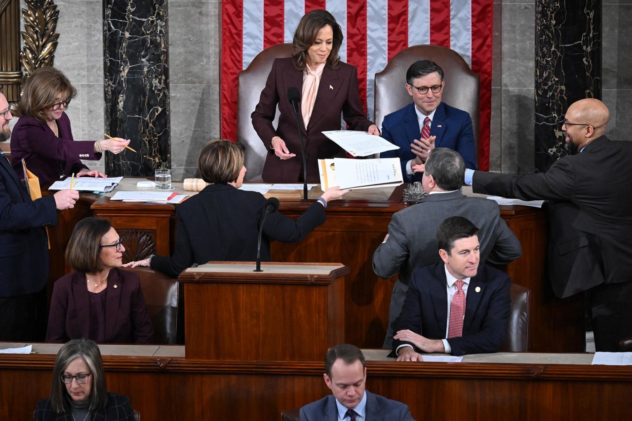 Vice President Kamala Harris and Speaker of the House Mike Johnson preside over a joint session of Congress to certify the results of the 2024 Presidential election, inside the House Chamber at the US Capitol on January 6, 2025, in Washington, DC. 