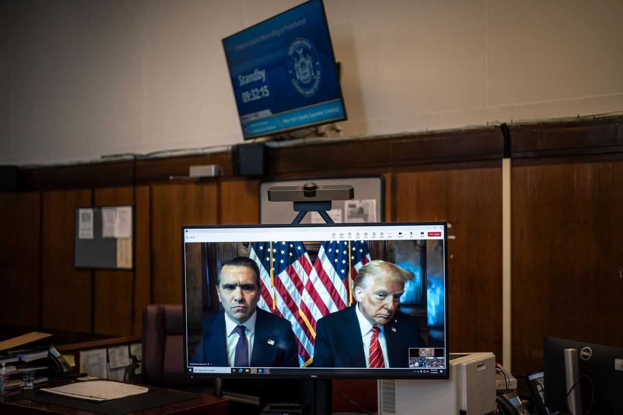 President-elect Donald Trump appears remotely for a sentencing hearing with his attorney Todd Blanche at Manhattan Criminal Court on January 10, 2025 in New York City. 