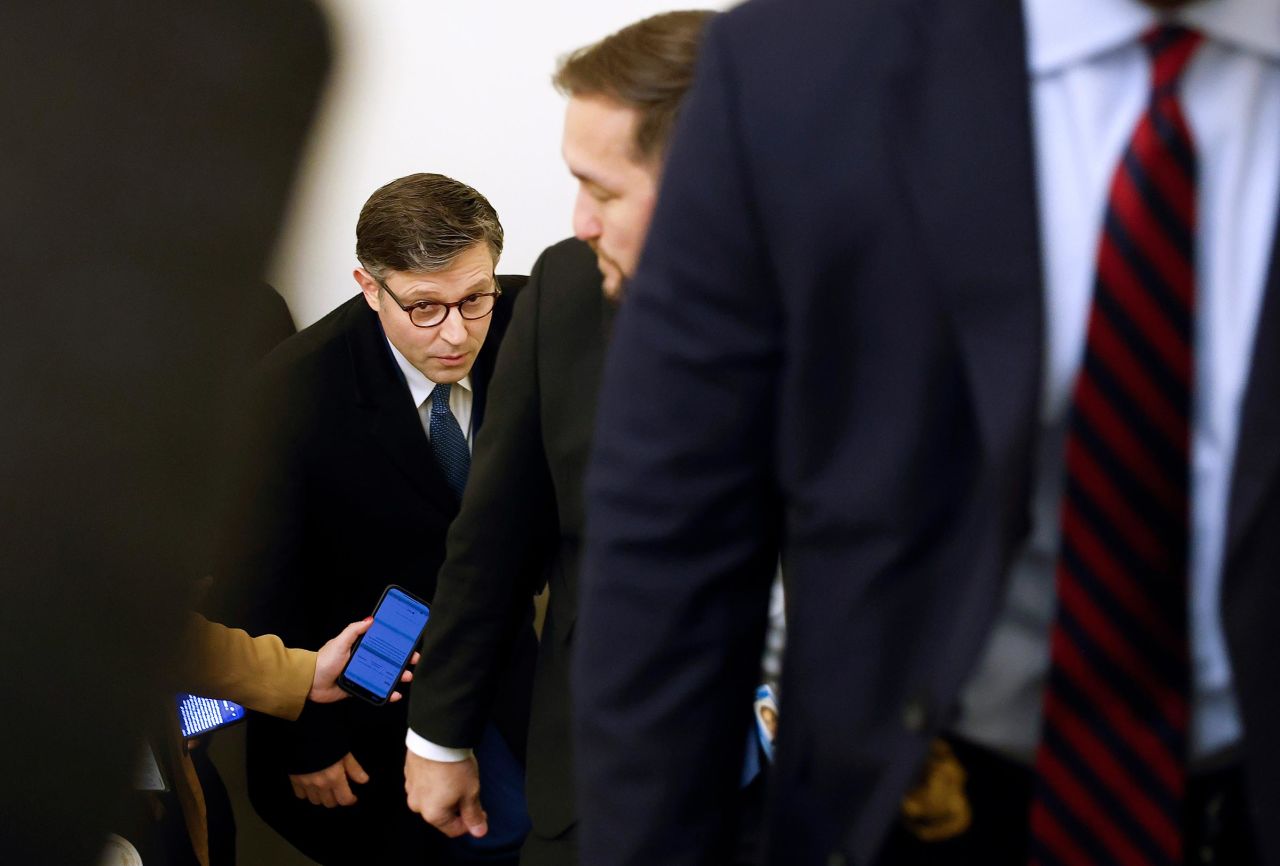 House Speaker Mike Johnson arrives at the US Capitol on January 6, in Washington, DC. 