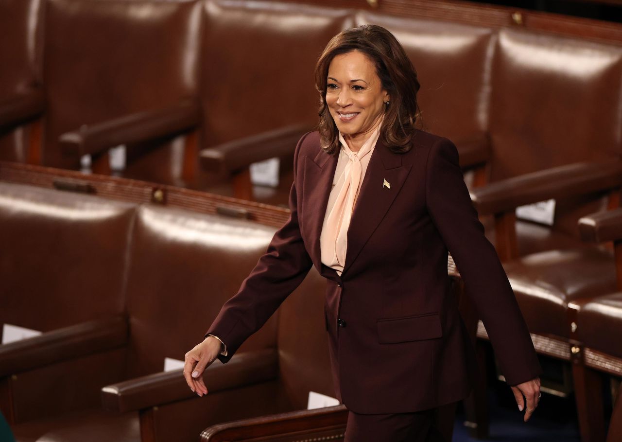 Vice President Kamala Harris arrives to preside over a joint session of Congress to ratify the 2024 Presidential election at the US Capitol on January 6, 2025 in Washington, DC. 