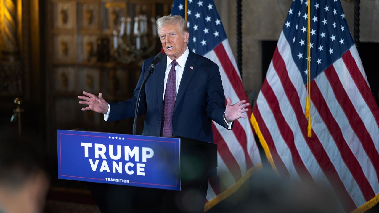 President-elect Donald Trump speaks to members of the media during a press conference at the Mar-a-Lago Club on January 7, 2025 in Palm Beach, Florida. 