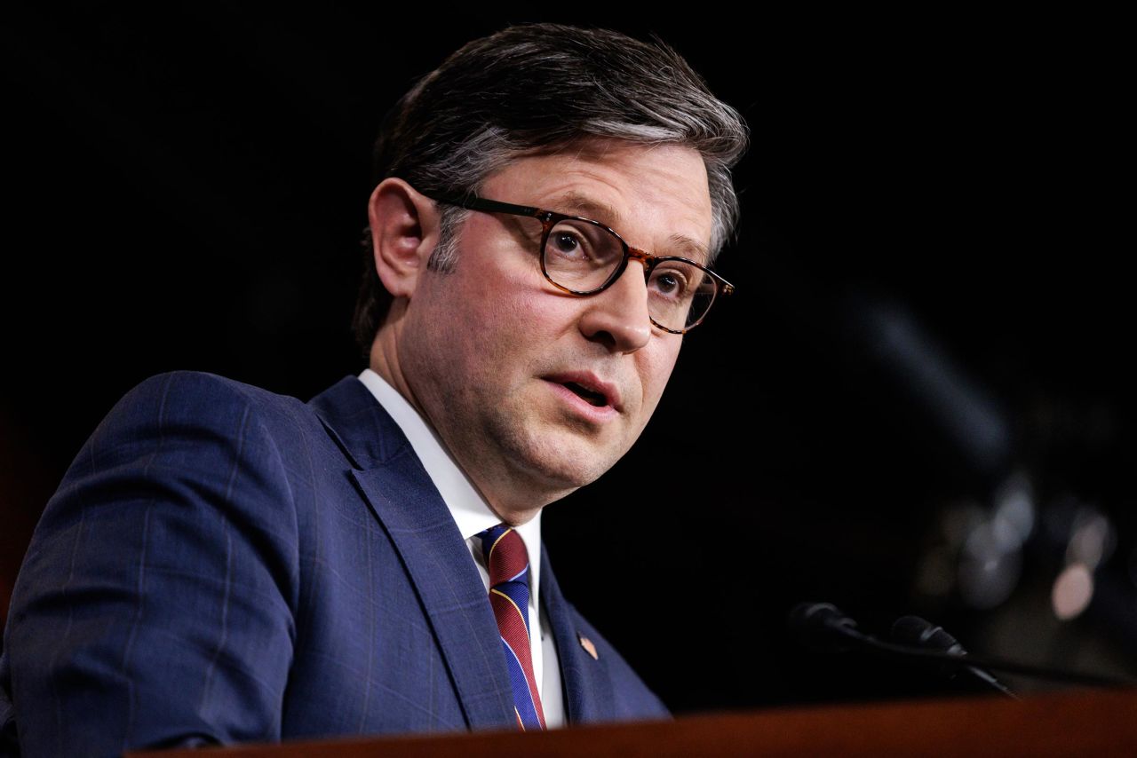 House Speaker Mike Johnson speaks during a press conference following a House Republican Caucus meeting at the US Capitol on January 14, 2025 in Washington, DC.