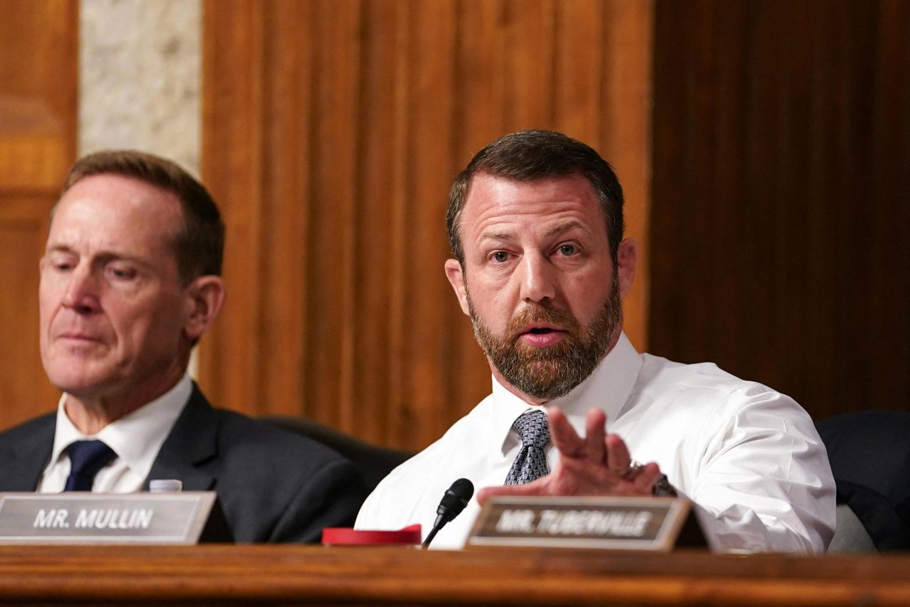 Sen. Markwayne Mullin questions Pete Hegseth during Hegseth's confirmation hearing before the Senate Armed Services Committee on Capitol Hill on January 14, 2025 in Washington, DC.