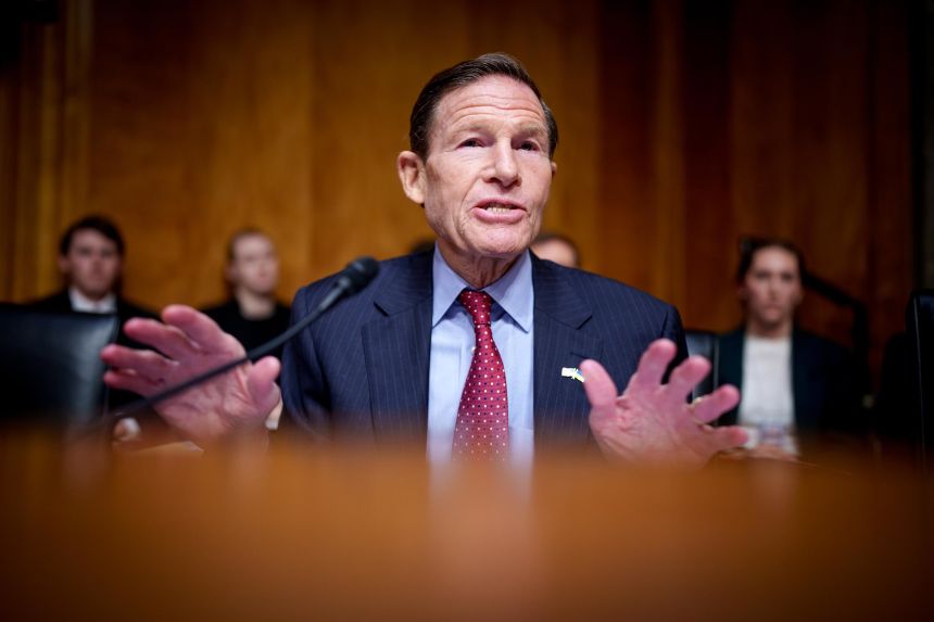 Sen. Richard Blumenthal speaks during a Senate Homeland Security and Governmental Affairs confirmation hearing for U.S. President-elect Donald Trump's nominee for Office of Management and Budget Director Russell Vought on Capitol Hill on January 15 in Washington, DC.