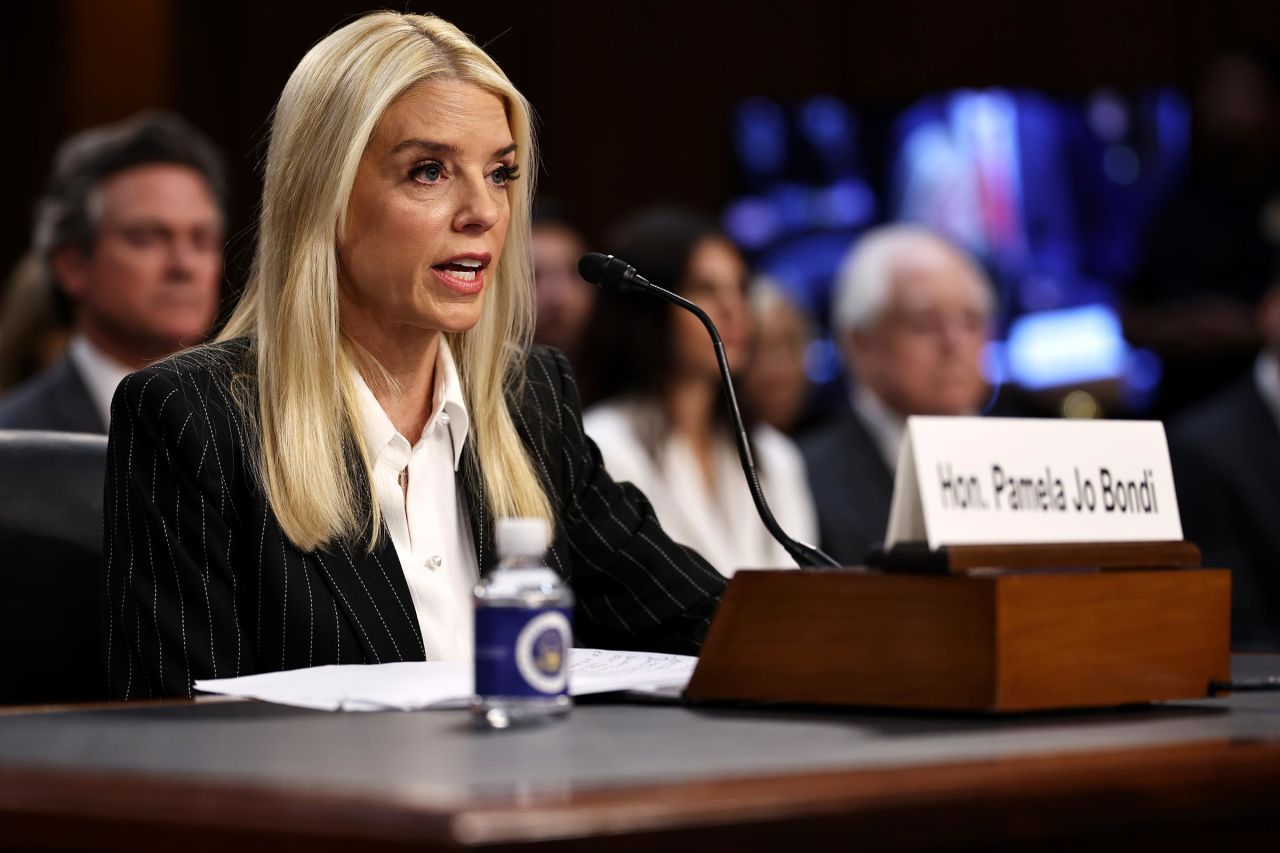 Former Florida Attorney General Pam Bondi testifies before the Senate Judiciary Committee during her confirmation hearing for U.S. Attorney General in the Hart Senate Office Building on Capitol Hill on January 15, 2025 in Washington, DC.