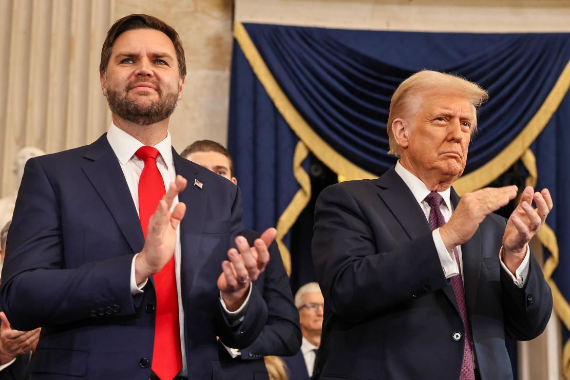 Vice President JD Vance and President Donald Trump react during inauguration ceremonies in the Rotunda of the US Capitol on January 20, 2025 in Washington, DC.