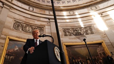 President Donald Trump speaks during inauguration ceremonies in the Rotunda of the US Capitol on January 20 in Washington, DC.