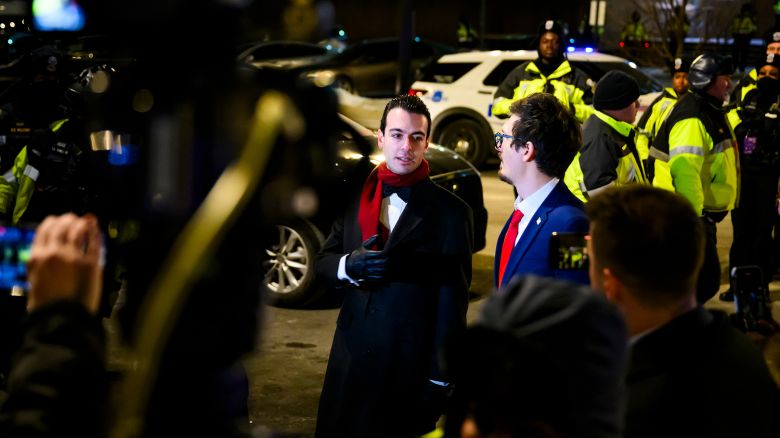 Paul Ingrassia, White House Liaison to the Justice Department, left, announces the release of brothers Andrew and Matthew Valentin outside of the DC Central Detention Facility on January 20, 2025 in Washington, DC.