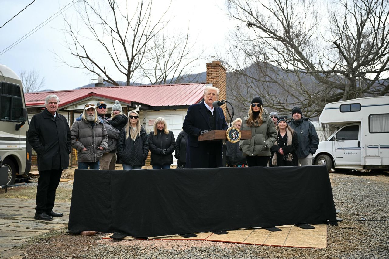 President Donald Trump speaks while visiting a neighborhood affected by Hurricane Helene in Swannanoa, North Carolina, on January 24. 