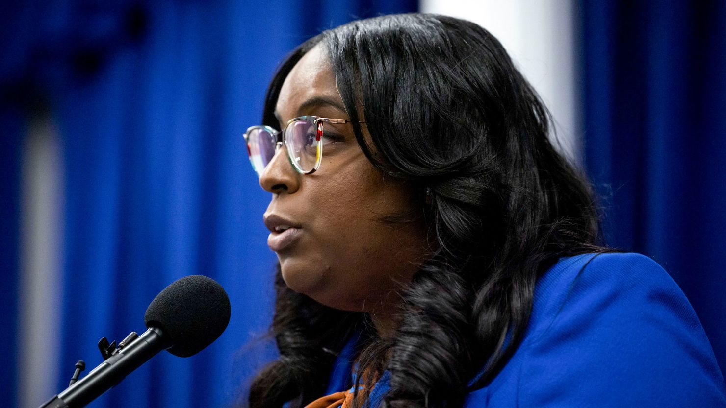 Rep. LaMonica McIver speaks during a news conference at City Hall in Newark, New Jersey, on January 24.