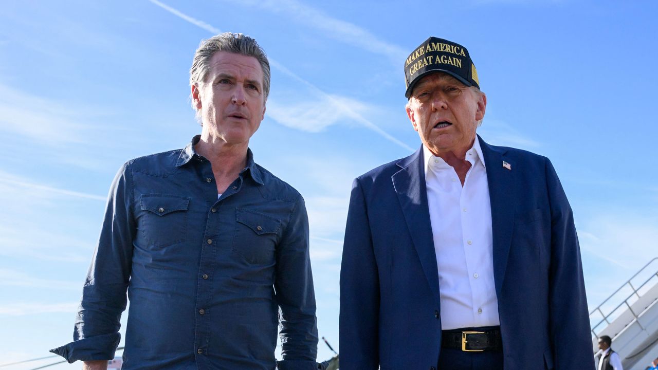 In this January 24 photo, President Donald Trump and California Governor Gavin Newsom, speak at Los Angeles International Airport in Los Angeles.