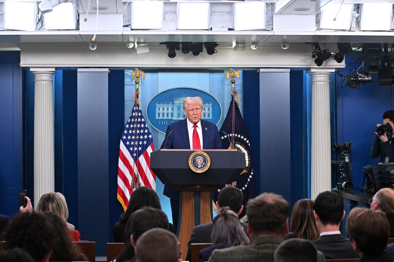 President Donald Trump speaks about the mid-air crash between American Airlines flight 5342 and a military helicopter in Washington, in the Brady Press Briefing Room at the White House on January 30, 2025 in Washington, DC. 