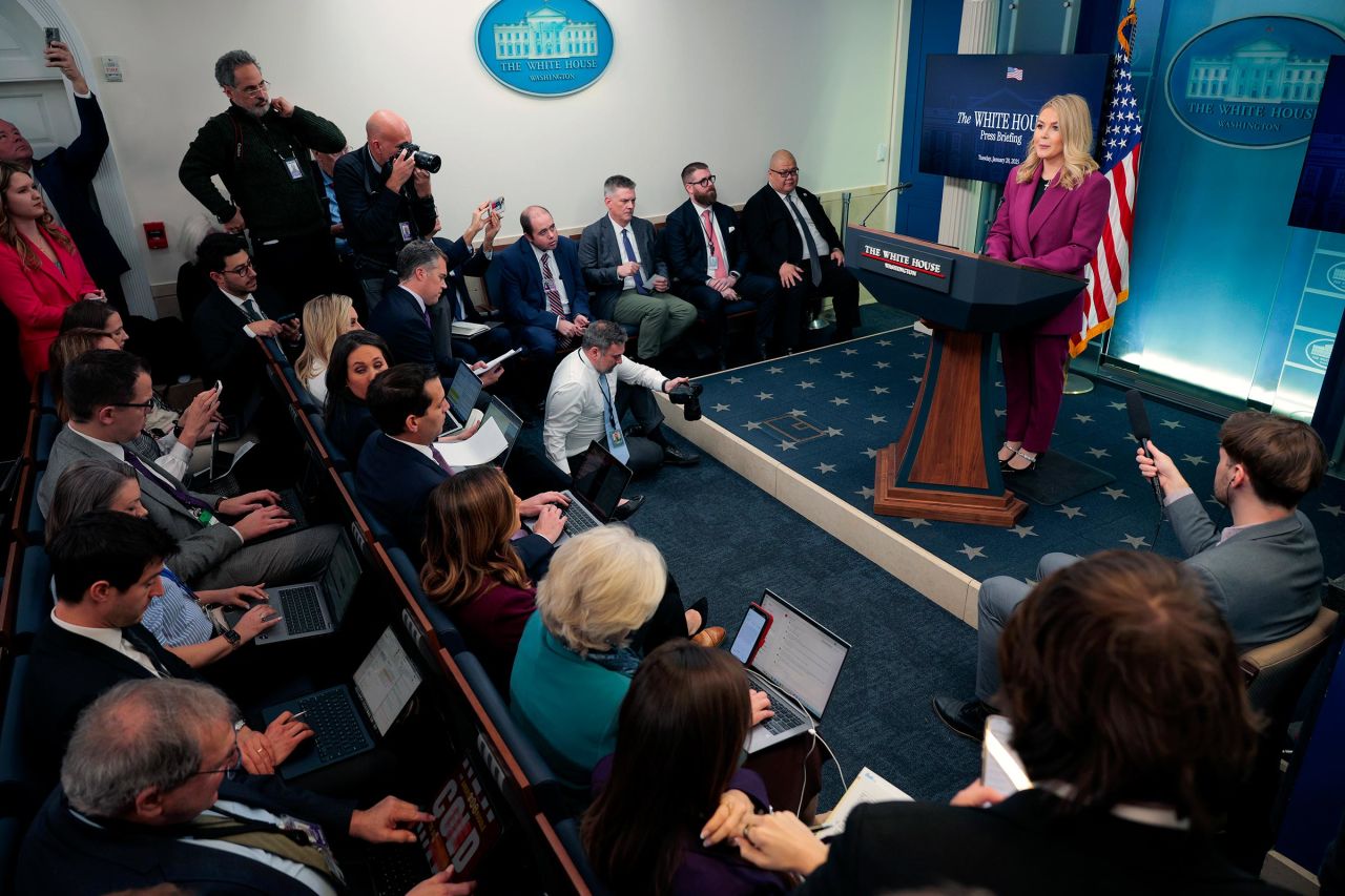 White House Press Secretary Karoline Leavitt holds her first news conference in the Brady Press Briefing Room at the White House on January 28, 2025 in Washington, DC. 