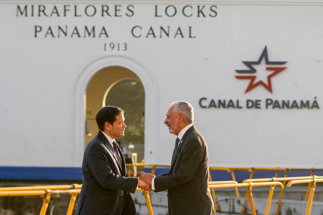 Secretary of State Marco Rubio shakes hands with Panama Canal Authority Administrator Ricaurte Vasquez during a tour at the Miraflores locks of the Panama Canal in Panama City on February 2.