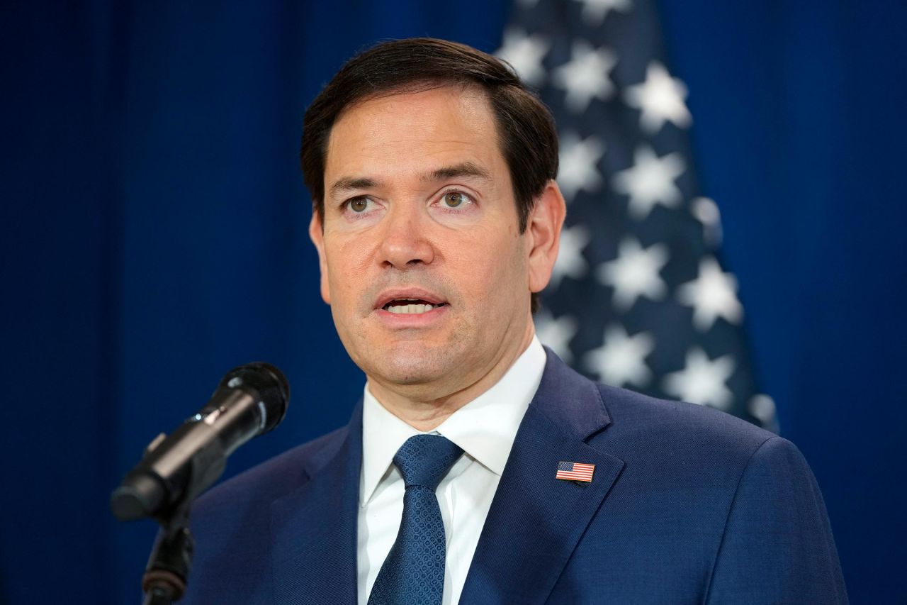 The U.S. Secretary of State Marco Rubio talks to the reporter after seeing people on the Colombia on February 3 at the Albrook Airport in Panama City.