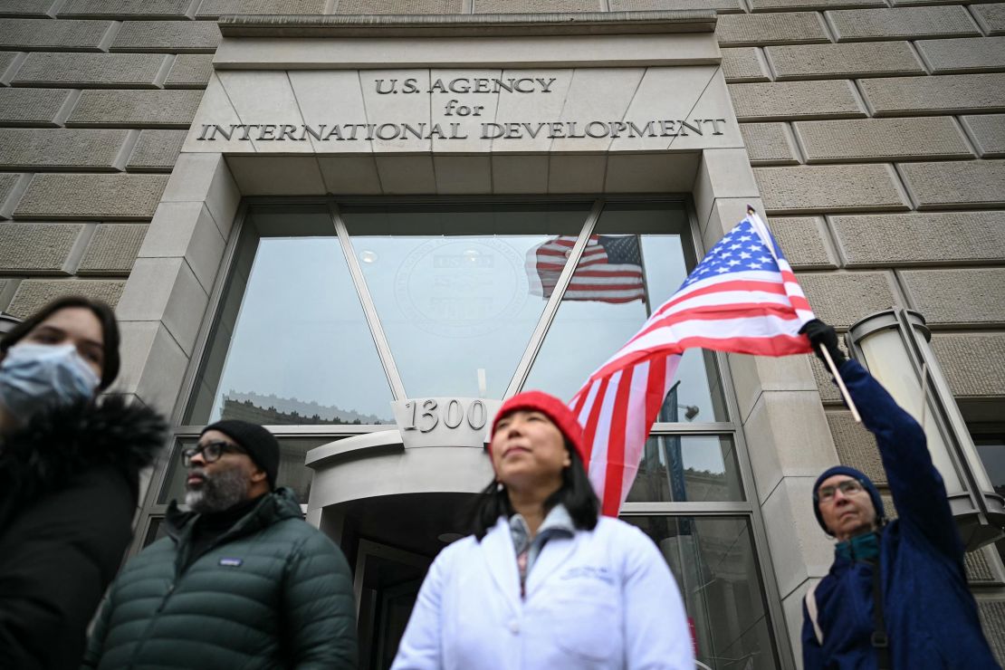 People demonstrate outside the headquarters of the US Agency for International Development in Washington, DC, on February 3rd.