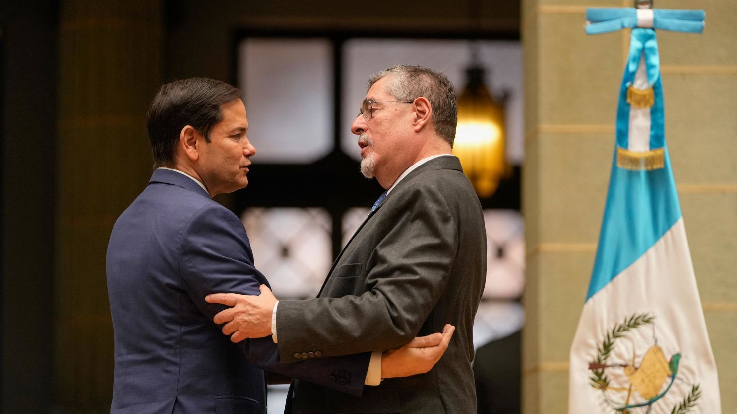 US Secretary of State Marco Rubio, left, embraces Guatemala's President Bernardo Arevalo after a joint news conference at the Culture Palace in Guatemala City on February 5. 