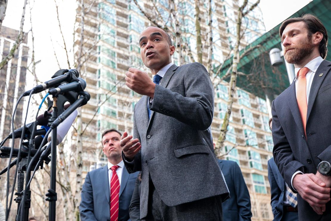 Washington Attorney General Nick Brown speaks to media outside the US Courthouse after a federal judge blocked Donald Trump's attempt to end birthright citizenship in Seattle, Washington, on February 6.