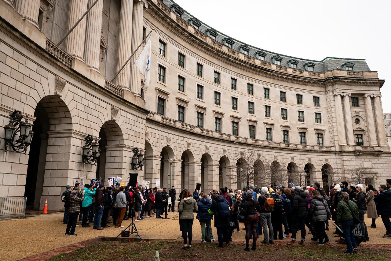 Rep. Paul Tonko speaks during a demonstration after being blocked from entering the Environmental Protection Agency to meet with Department of Government Efficiency officials on Thursday, in Washington, DC.