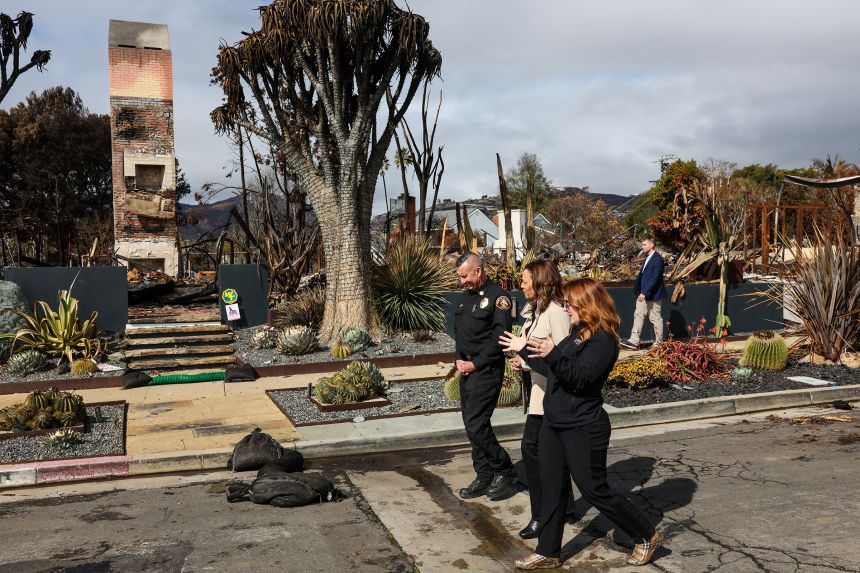 Kamala Harris tours a damaged neighborhood with Los Angeles County officials following the Palisades fire on February 6.