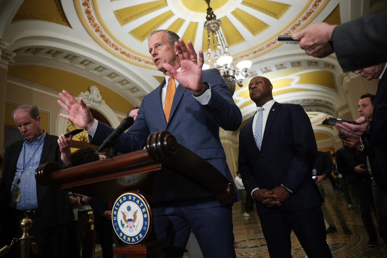 Senate Majority Leader John Thune answers questions at the US Capitol following a weekly Republican policy luncheon on February 4, in Washington, DC. 