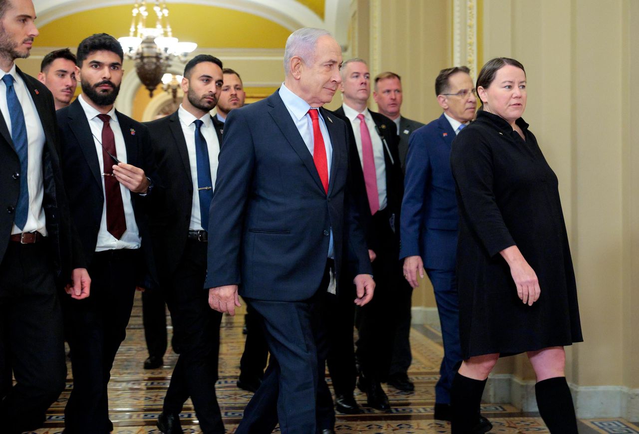 Israeli Prime Minister Benjamin Netanyahu arrives for a meeting with Senate Majority Leader John Thune (R-SD) at the U.S. Capitol on February 6, in Washington, DC. 