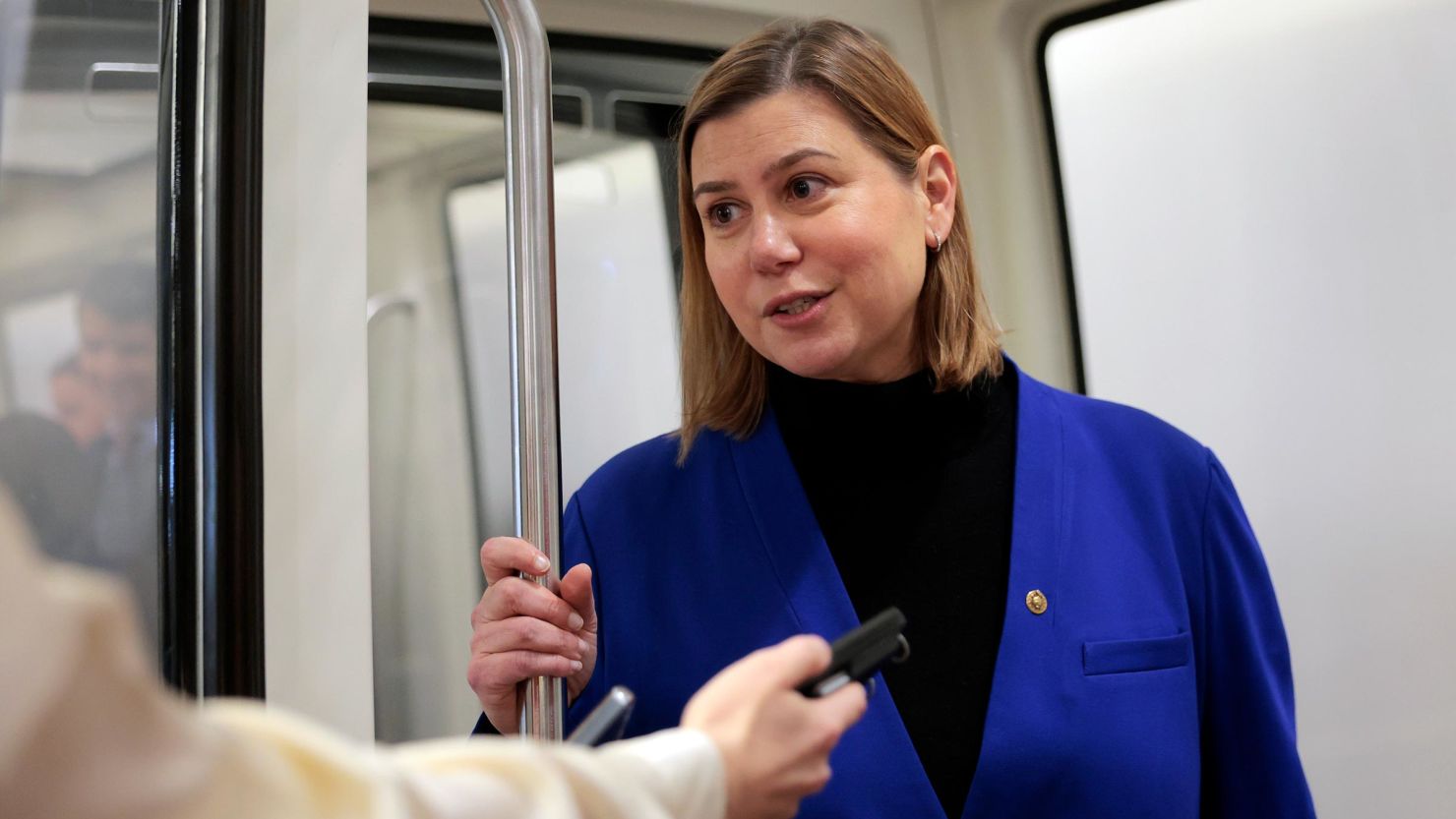 Sen. Elissa Slotkin speaks to a reporter in the Senate Subway of the US Capitol on February 13, in Washington, DC.