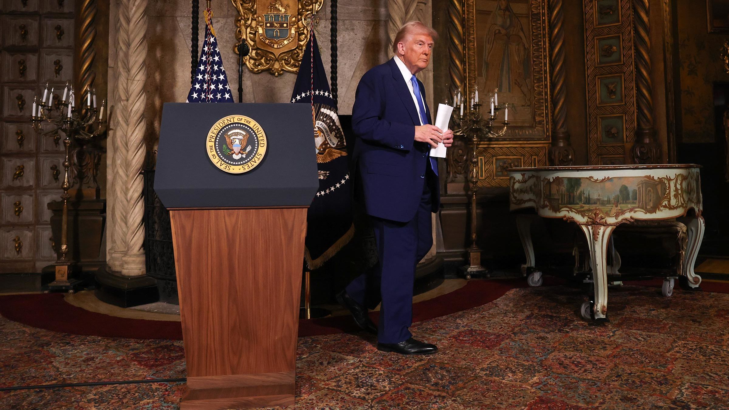 President Donald Trump leaves after holding a press conference and signing an executive order at his Mar-a-Lago resort on February 18, in Palm Beach, Florida.