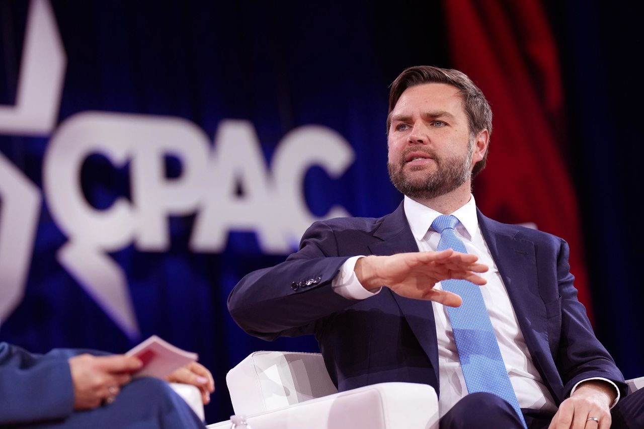 Vice President JD Vance speaks during an interview with political commentator Mercedes Schlapp at the Conservative Political Action Conference (CPAC) at the Gaylord National Resort Hotel And Convention Center on February 20, in Oxon Hill, Maryland. 