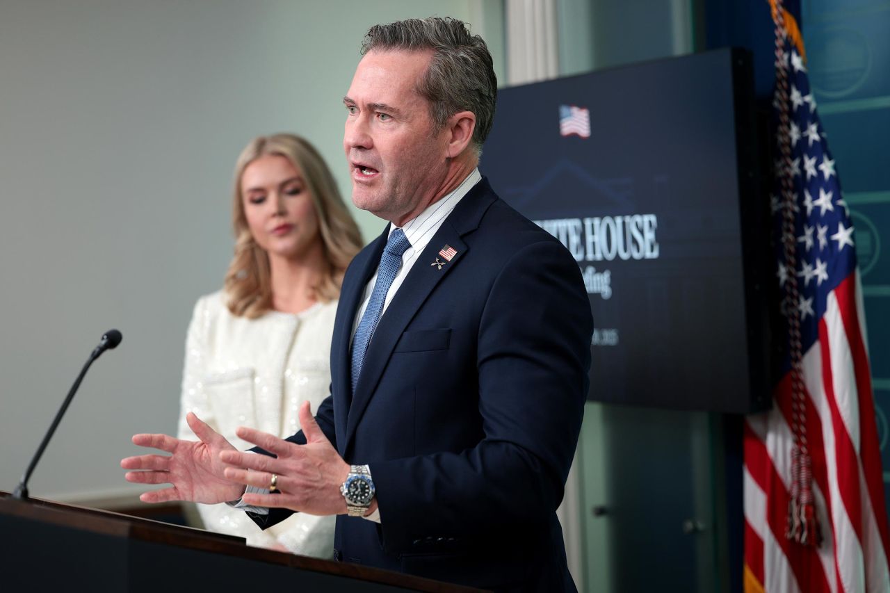 National Security Advisor Mike Waltz speaks alongside White House Press Secretary Karoline Leavitt at a press briefing at the White House on February 20, in Washington, DC. 