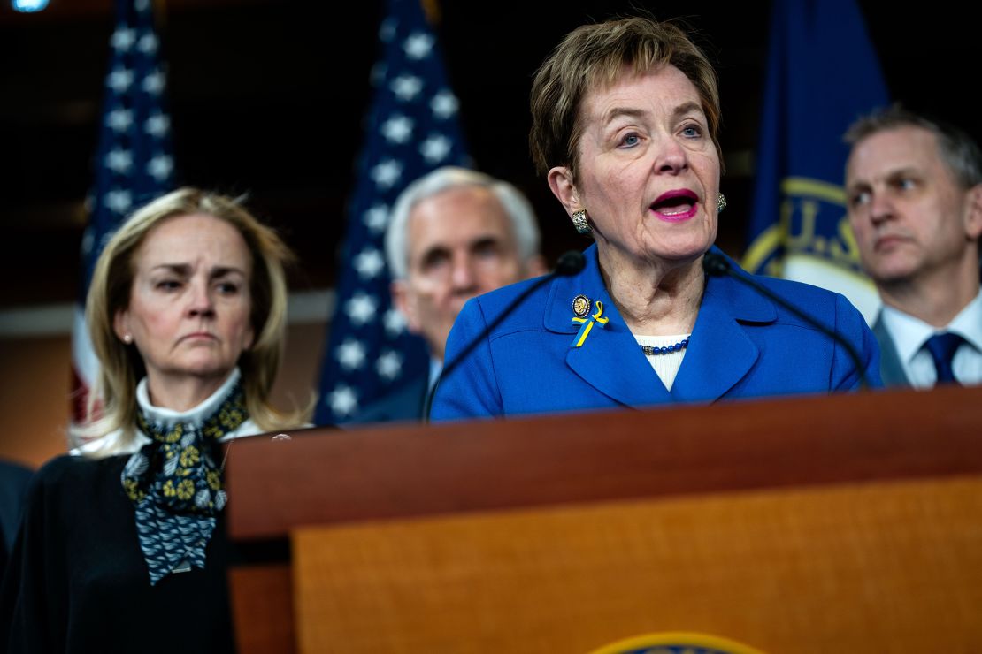 Rep. Marcy Kaptur and members of the Congressional Ukraine Caucus hold a news conference at the Capitol on February 24 in Washington, DC.