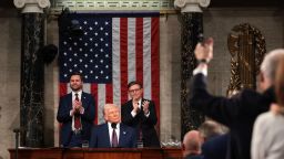 President Donald Trump addresses a joint session of Congress at the U.S. Capitol on March 04, 2025 in Washington, DC. Vice President JD Vance and Speaker of the House (R-LA) applaud behind.