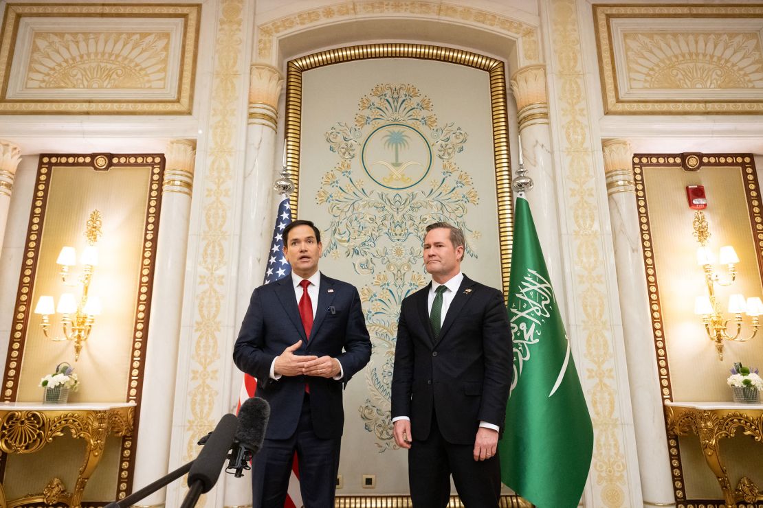 Secretary of State Marco Rubio and then-national security adviser Mike Waltz speak with the media following meetings with a Ukrainian delegation in Jeddah, Saudi Arabia, on March 11.