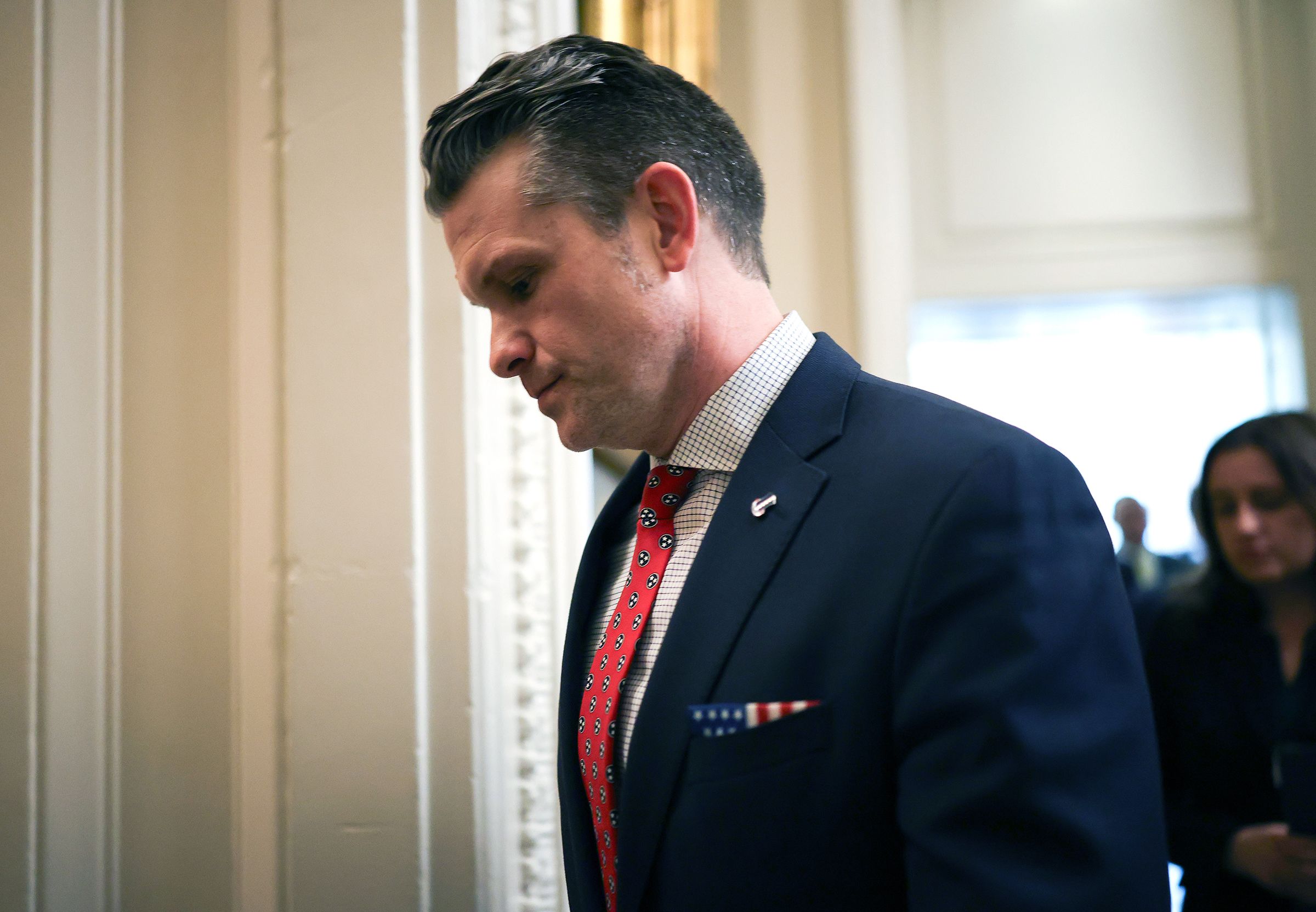 Secretary of Defense Pete Hegseth leaves the weekly Republican Senate policy luncheon at the US Capitol on March 11, in Washington, DC.