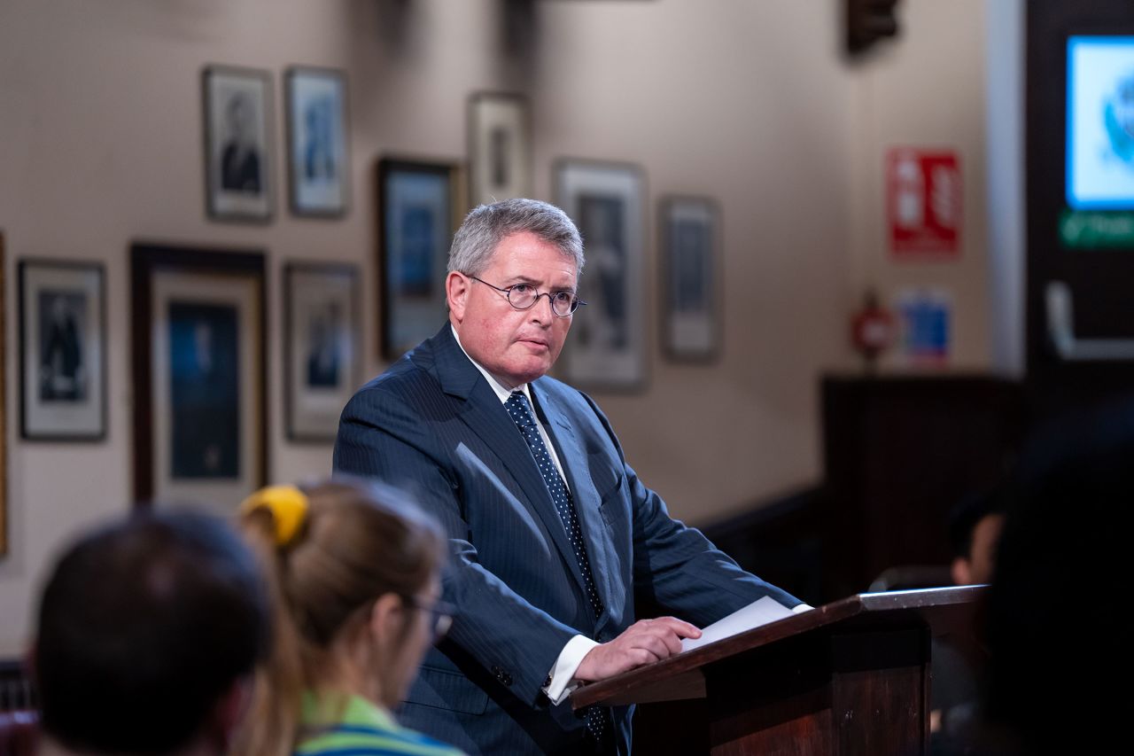 Leonard Leo, co-chariman of the Federalist Society board of directors, speaks at The Cambridge Union on March 11 in Cambridge, Cambridgeshire.