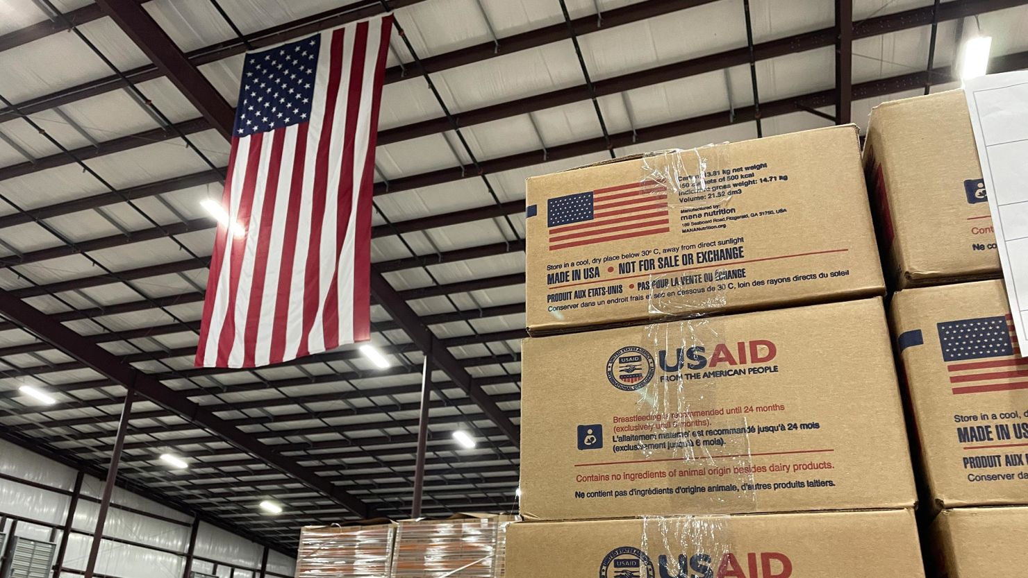 Boxes of Ready-to-Use Therapeutic Food (RUTF) at the Mana Nutrition plant in Fitzgerald, Georgia, waiting to be shipped on March 3.