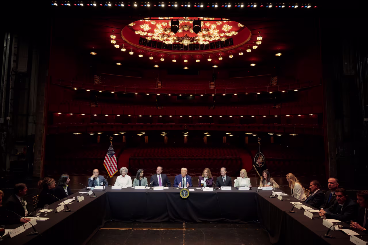 President Donald Trump leads a board meeting at the John F. Kennedy Center for the Performing Arts on March 17, 2025 in Washington, DC. 