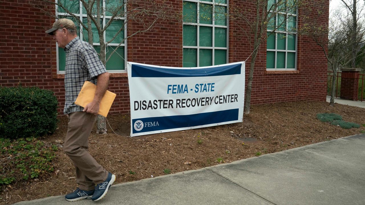 A sign is seen outside the FEMA Disaster Recovery Center at Weaverville Town Hall on March 29, in Weaverville, North Carolina.