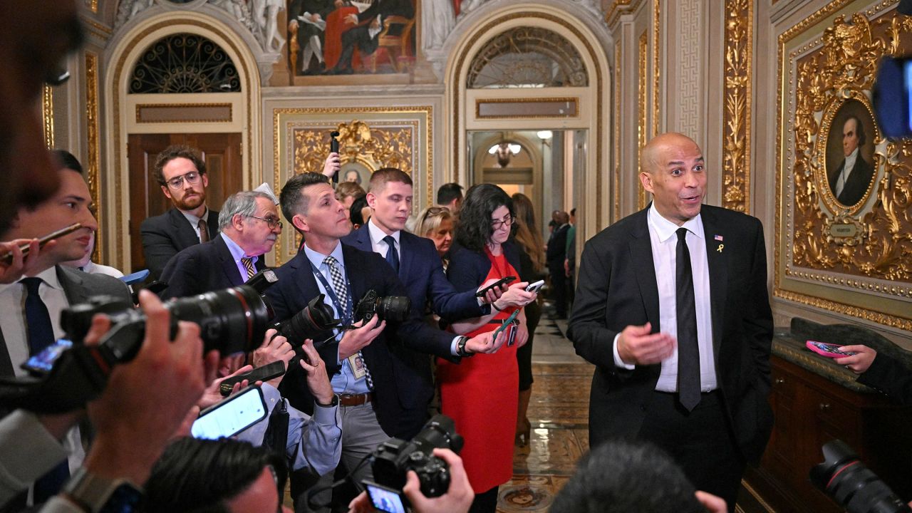 Sen. Cory Booker speaks to the press at the US Capitol in Washington, DC on April 1.