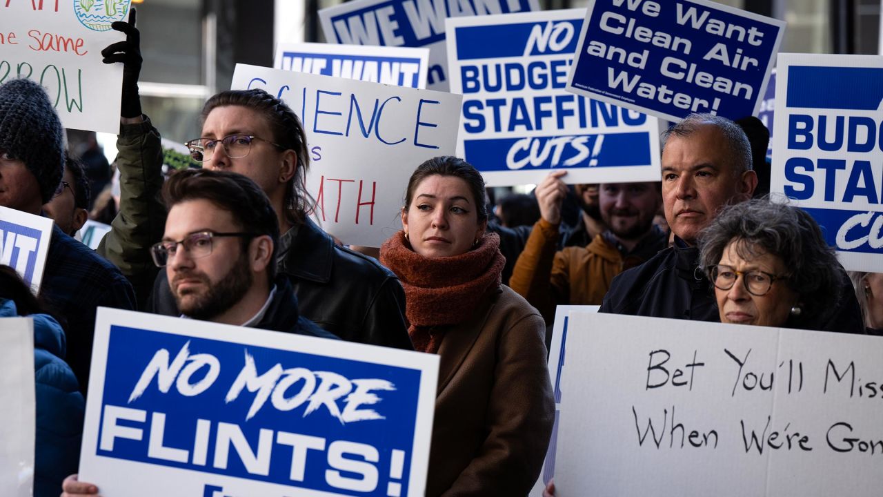 Environmental Protection Agency employees from the Chicago area rally against attacks on the agency by the Trump administration, outside the Metcalfe Federal Building on March 25. 