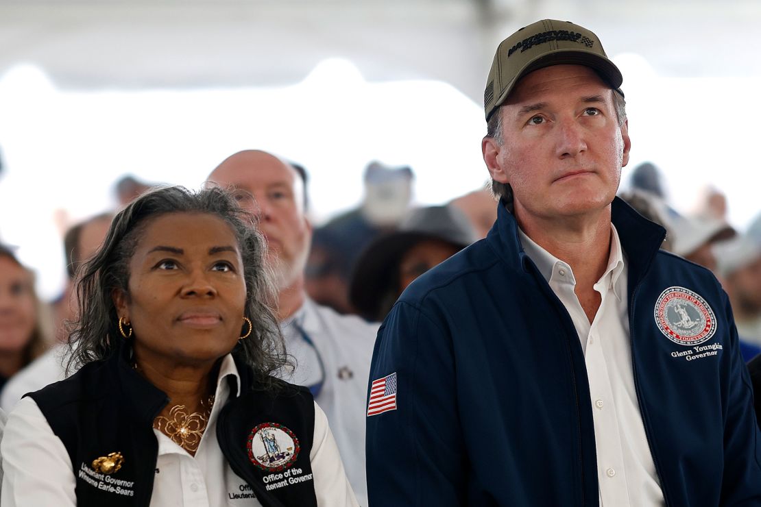 Virginia Gov. Glenn Youngkin and Lieutenant Gov. Winsome Earle-Sears attend the Drivers Meeting prior to the NASCAR Cup Series Cook Out 400 at Martinsville Speedway on March 30 in Martinsville, Virginia. 