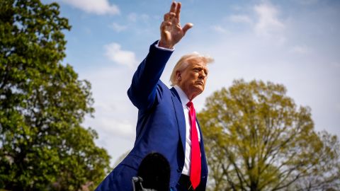 President Donald Trump gestures to members of the media before boarding Marine One on the South Lawn of the White House on April 3, 2025 in Washington, DC.