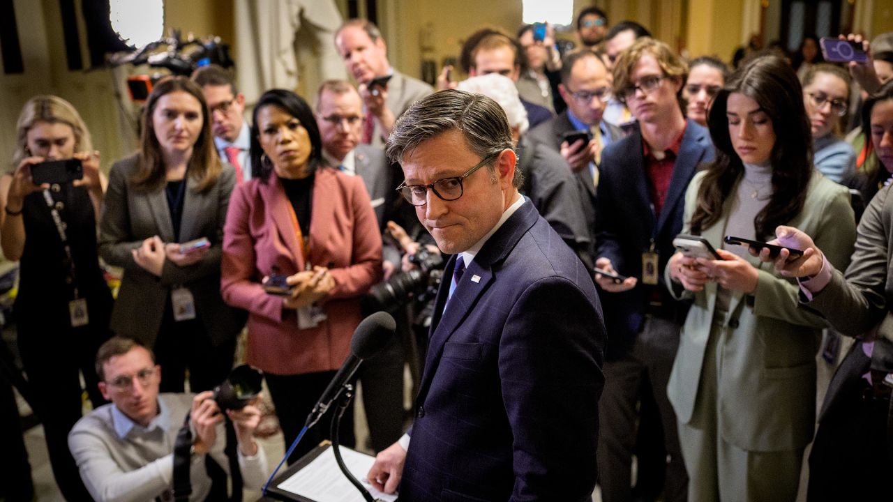 House Speaker Mike Johnson takes a question from a reporter after the House passes the Republican's budget plan at the US Capitol on April 10 in Washington, DC.