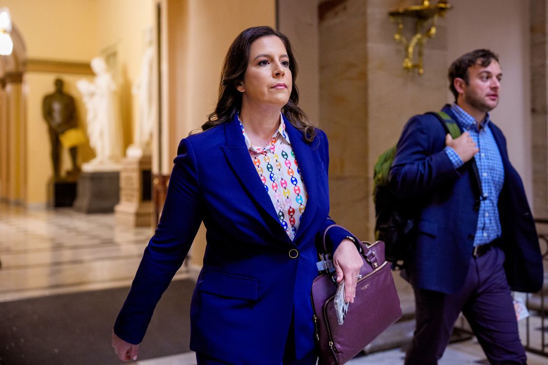 Rep. Elise Stefanik walks through Statuary Hall before a vote on the Republican budget plan at the US Capitol on April 10 in Washington, DC.