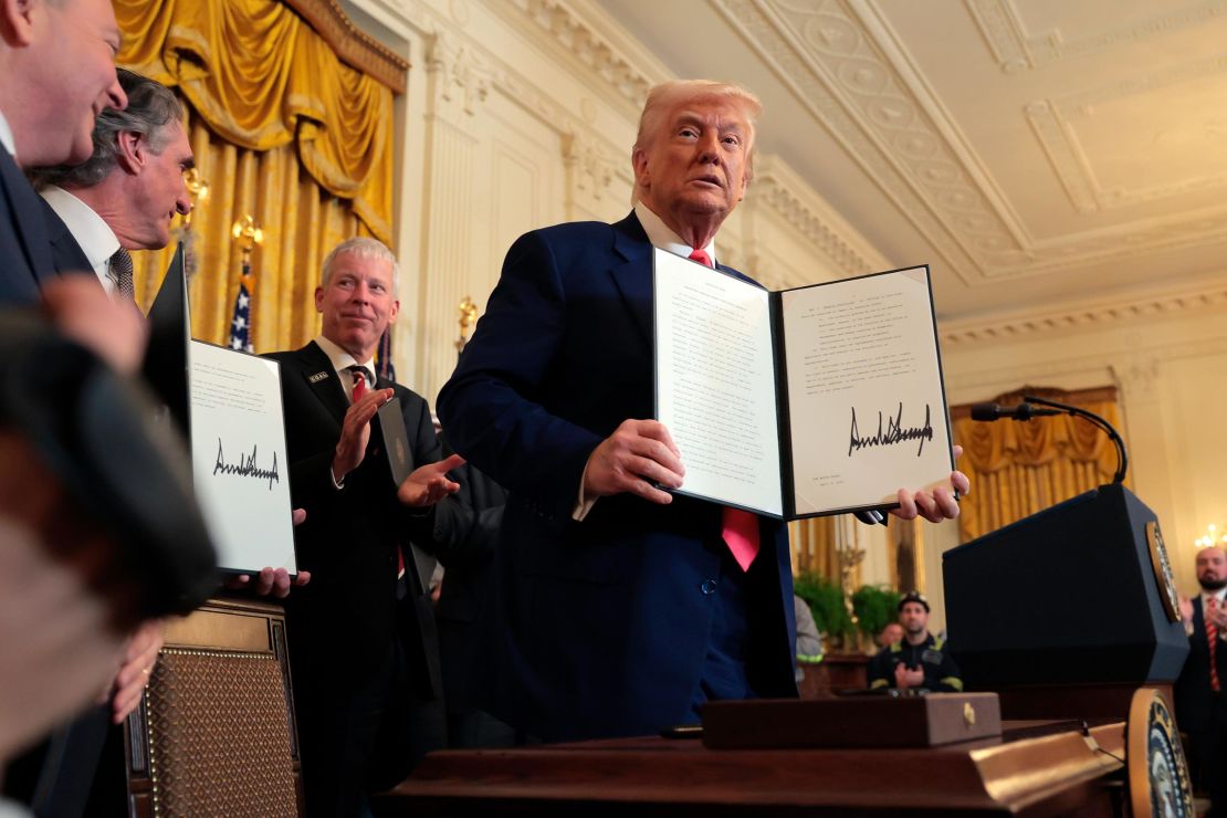 President Donald Trump holds an executive orders after signing a series of orders on American energy production during a ceremony in the East Room of the White House on April 8 in Washington, DC.