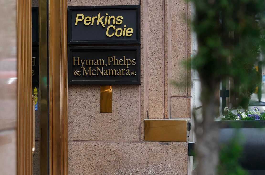 The office of the law firm Perkins Coie is seen on April 10 in Washington, DC.